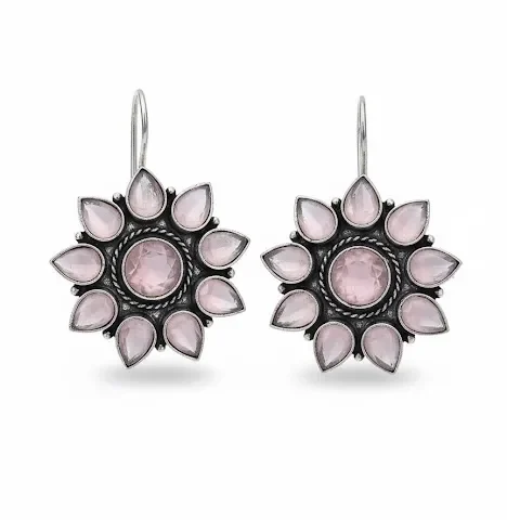 Handcrafted Brass Floral Drop Earrings with Pink Stone Petals