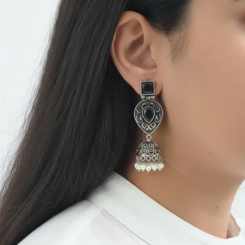 Oxidized Brass Black Stone Jhumka Earrings with Pearl Drops