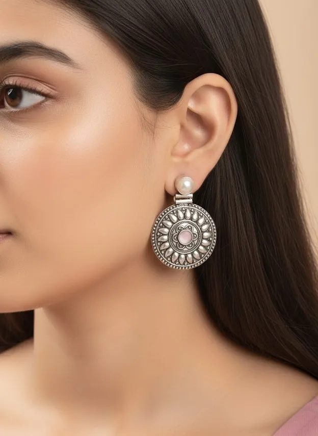 Oxidized Brass Disc Earrings with Pink Stone & Pearl Stud | Tribal Ethnic Statement Earrings | Handmade Boho Jewelry for Women - Image 4