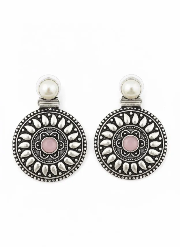 Oxidized Brass Disc Earrings with Pink Stone & Pearl Stud | Tribal Ethnic Statement Earrings | Handmade Boho Jewelry for Women - Image 5