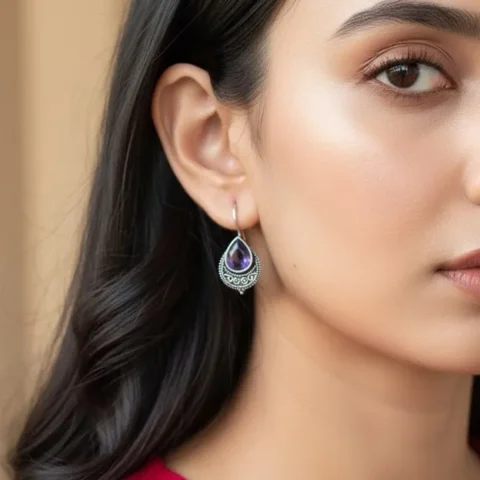 Oxidized Brass Teardrop Earrings with Purple Stone