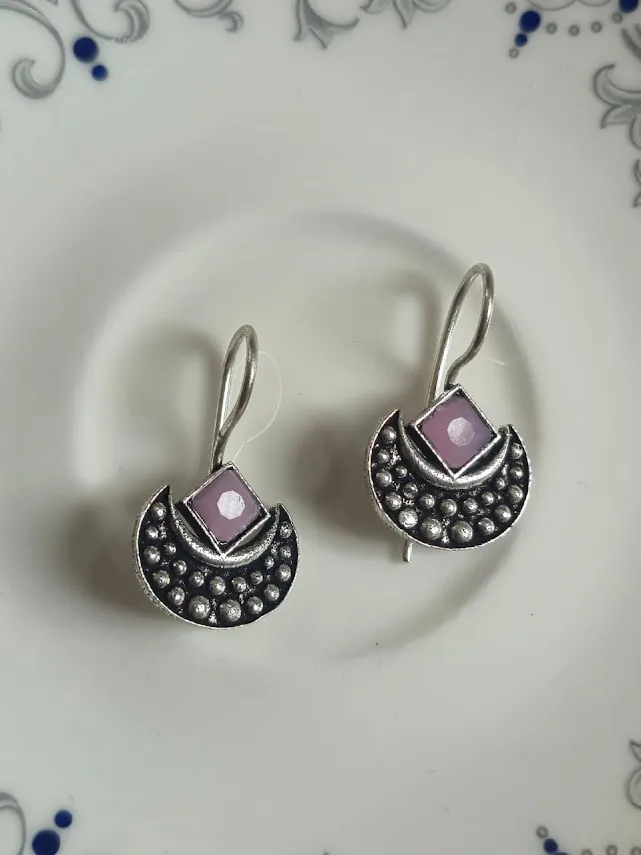 Oxidized Brass Pink Stone Half-Moon Earrings | Handmade Tribal Crescent Earrings for Women | Minimal Boho Ethnic Jewelry Gift - Image 4