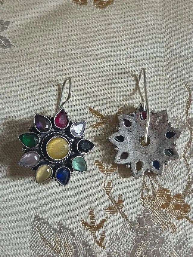 Multicolor Floral Brass Earrings | Oxidized Boho Statement Earrings | Handmade Ethnic Festival Jewelry for Women - Image 3