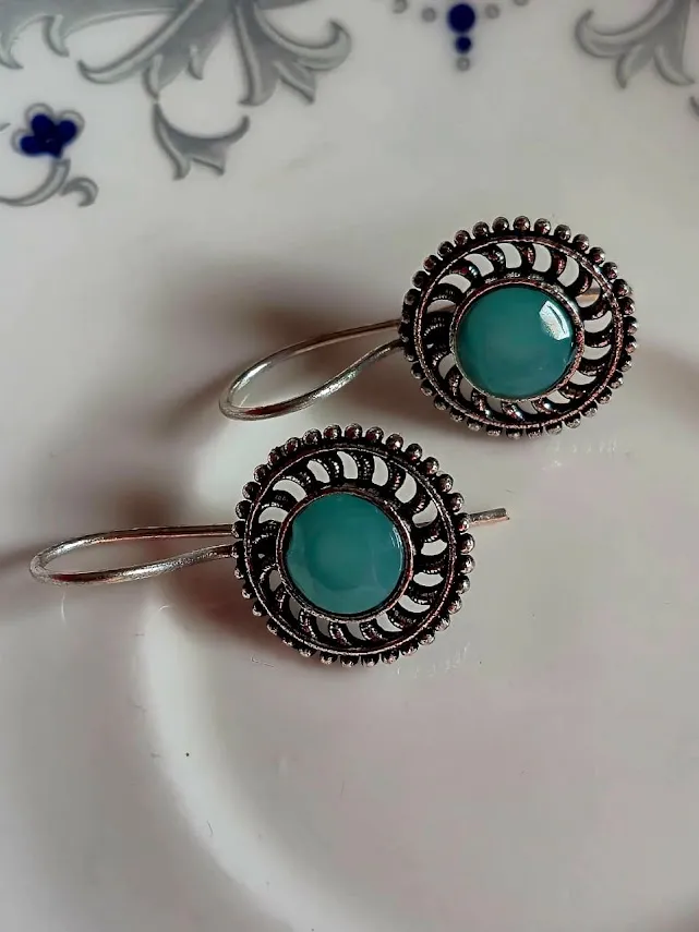 Oxidized Brass Aqua Blue Stone Round Earrings | Handmade Tribal Circular Earrings for Women | Boho Ethnic Jewelry Gift - Image 5