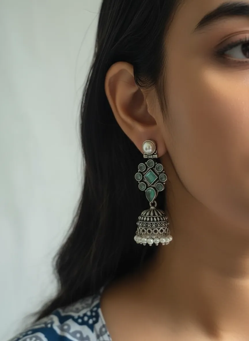 Oxidized Brass Teal Stone Jhumka Earrings with Pearl Drops | Traditional Indian Statement Earrings | Handmade Ethnic Jewelry for Women - Image 5