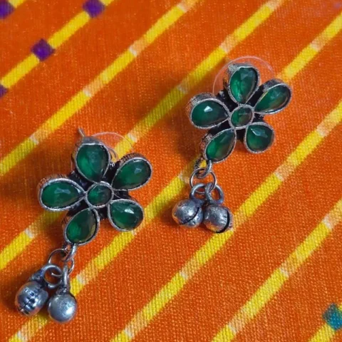 Oxidized Brass Green Flower Earrings with Ghungroo Drops