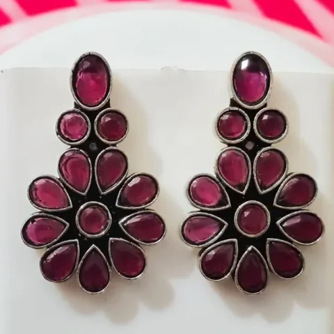 Oxidized Brass Ruby Red Stone Floral Drop Earrings