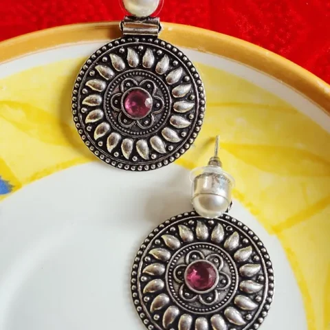 Oxidized Brass Disc Earrings with Red Stone & Pearl Stud