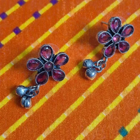 Oxidized Brass Red Flower Earrings with Ghungroo Drops
