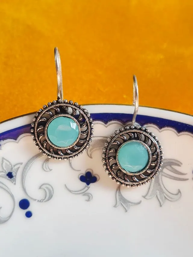 Oxidized Brass Aqua Blue Stone Round Earrings | Handmade Tribal Circular Earrings for Women | Boho Ethnic Jewelry Gift - Image 6
