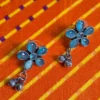 Oxidized Brass Sky Blue Flower Earrings with Ghungroo Drops