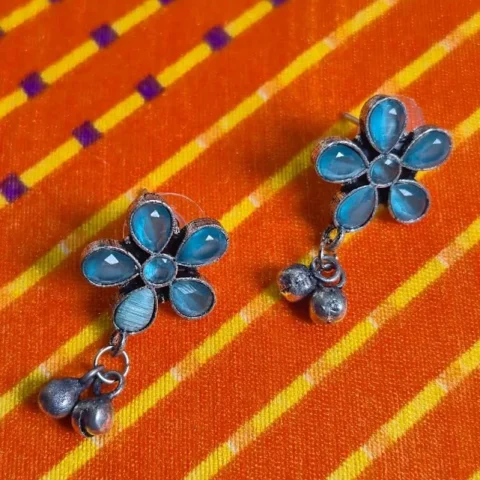 Oxidized Brass Sky Blue Flower Earrings with Ghungroo Drops