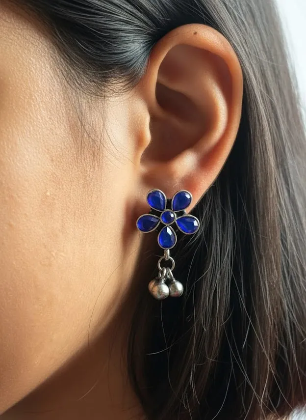 Oxidized Brass Blue Flower Earrings with Ghungroo Drops | Floral Stud Earrings | Handmade Tribal Boho Jewelry for Women - Image 3