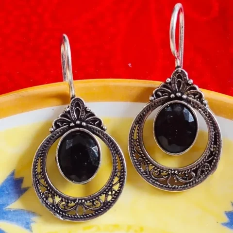 Oxidized Brass Blue Stone Filigree Drop Earrings