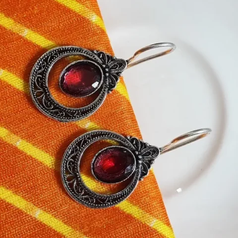 Oxidized Brass Ruby Pink Stone Filigree Drop Earrings
