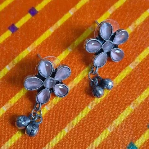 Oxidized Brass Pink Flower Earrings with Ghungroo Drops