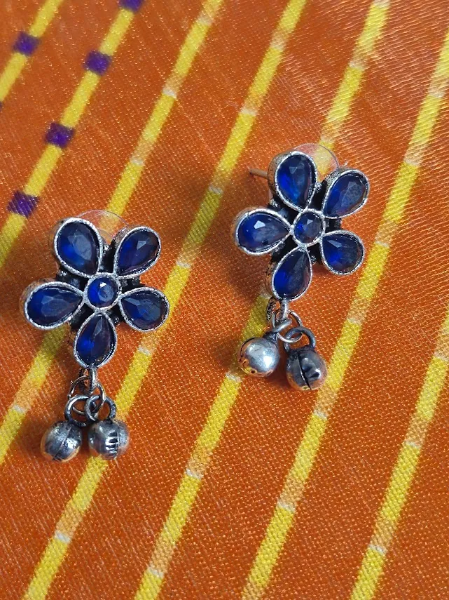 Oxidized Brass Blue Flower Earrings with Ghungroo Drops