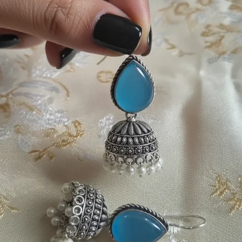 Oxidized Brass Turquoise Sky Blue Stone Jhumka Earrings with Pearl Drops | Handmade Traditional Ethnic Earrings for Women | Indian Boho Jewelry Gift