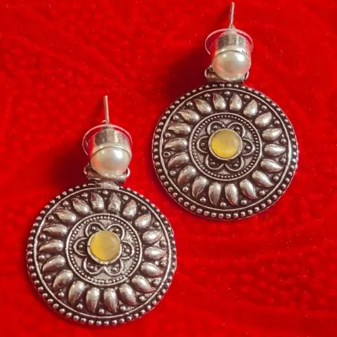 Oxidized Brass Disc Earrings with Yellow Stone Center & Pearl Stud