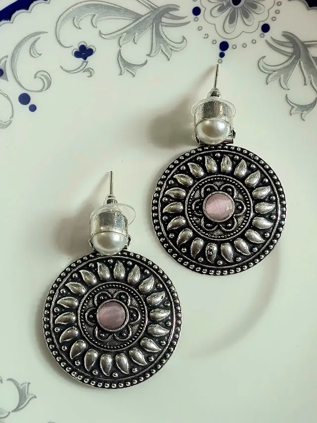 Oxidized Brass Disc Earrings with Pink Stone & Pearl Stud | Tribal Ethnic Statement Earrings | Handmade Boho Jewelry for Women - Image 2