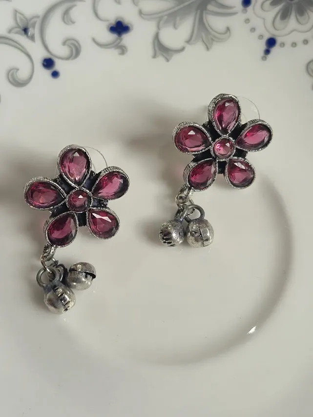 Oxidized Brass Red Flower Earrings with Ghungroo Drops | Handmade Floral Stud Earrings | Boho Tribal Jewelry for Women - Image 5