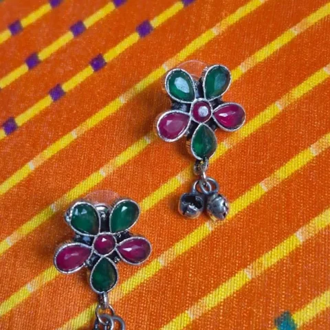 Oxidized Brass Multicolor Floral Earrings with Ghungroo Drops