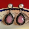 Oxidized Brass Teardrop Earrings with Blush Pink Stone & Pearl Stud