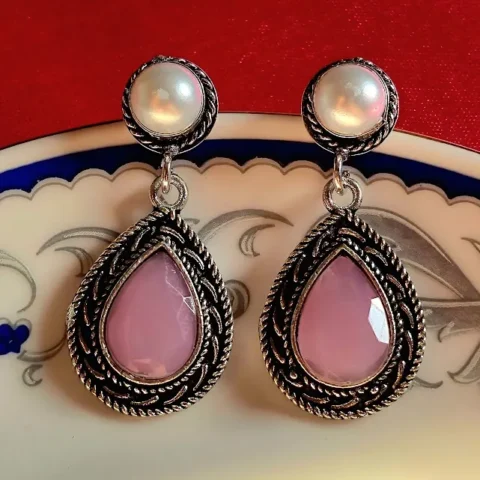 Oxidized Brass Teardrop Earrings with Blush Pink Stone & Pearl Stud