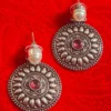 Oxidized Brass Disc Earrings with Red Stone & Pearl Stud | Tribal Ethnic Statement Earrings | Handmade Boho Jewelry for Women