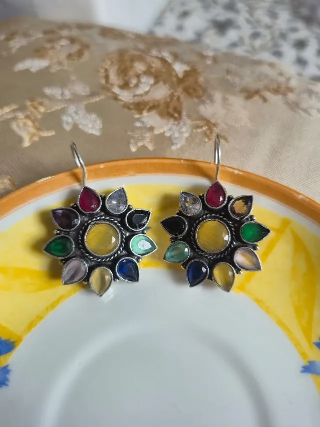 Multicolor Floral Brass Earrings | Oxidized Boho Statement Earrings | Handmade Ethnic Festival Jewelry for Women - Image 4