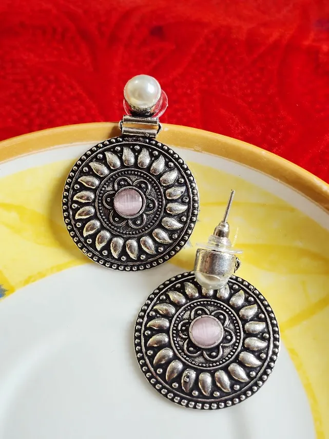 Oxidized Brass Disc Earrings with Pink Stone & Pearl Stud | Tribal Ethnic Statement Earrings | Handmade Boho Jewelry for Women - Image 3