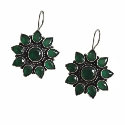Green Stone Floral Brass Dangle Earrings with Oxidized Finish