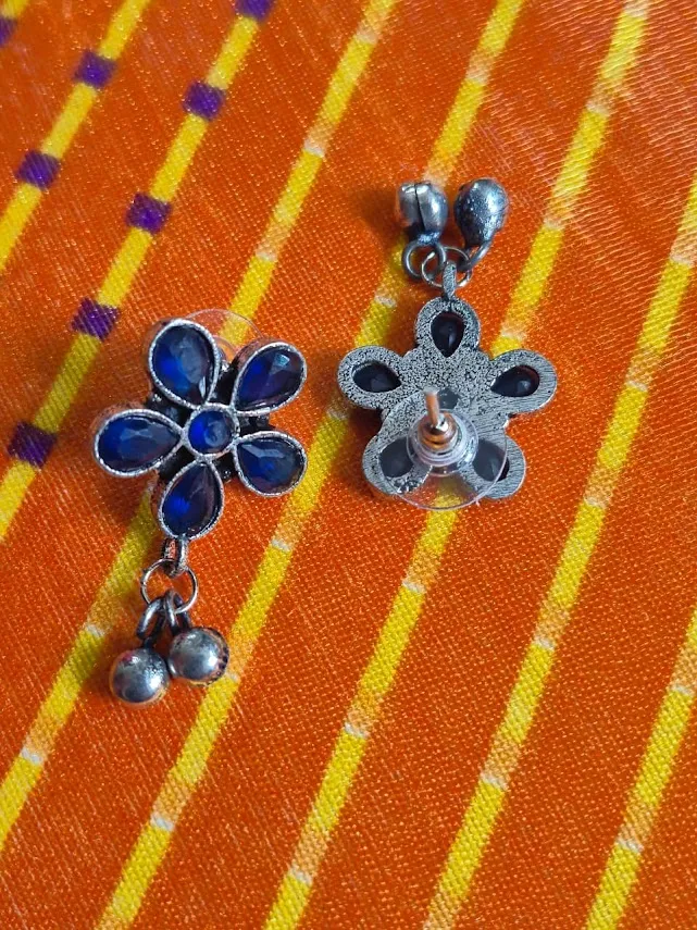 Oxidized Brass Blue Flower Earrings with Ghungroo Drops | Floral Stud Earrings | Handmade Tribal Boho Jewelry for Women - Image 5