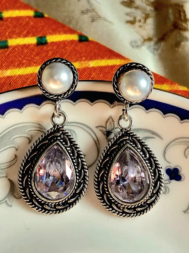 Oxidized Brass Teardrop Earrings with White Transparent Stone & Pearl Stud | Vintage Boho Drop Earrings for Women