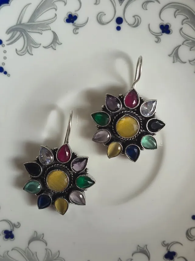 Multicolor Floral Brass Earrings | Oxidized Boho Statement Earrings | Handmade Ethnic Festival Jewelry for Women - Image 5