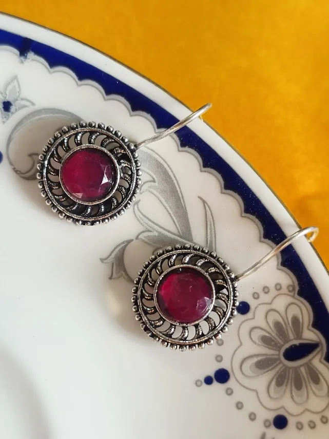 Oxidized Brass Magenta Stone Round Earrings | Handmade Tribal Circular Earrings for Women | Boho Ethnic Jewelry Gift - Image 5