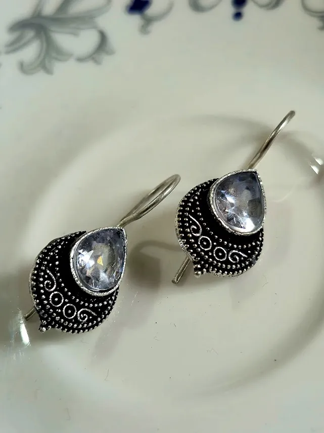 Oxidized Brass Teardrop Earrings with Clear Stone | Handmade Tribal Drop Earrings for Women | Boho Ethnic Jewelry Gift - Image 5