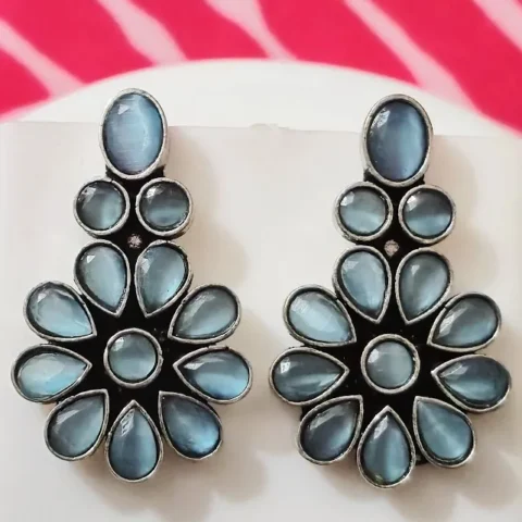 Oxidized Brass Blue Stone Floral Drop Earrings