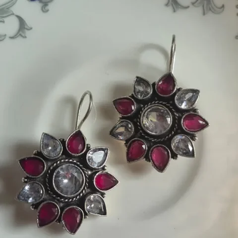 Brass Multi-Stone Floral Drop Earrings with Red & Clear Stones