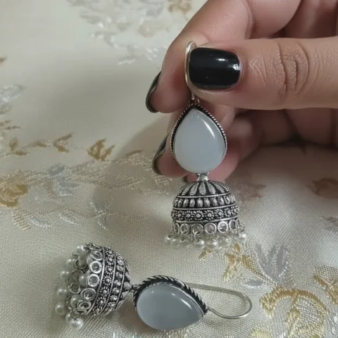 Oxidized Brass White Stone Jhumka Earrings with Pearl Drops