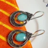 Oxidized Brass Aqua Green Stone Filigree Drop Earrings