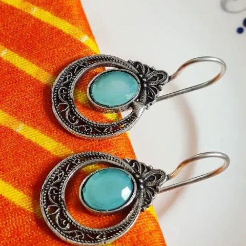 Oxidized Brass Aqua Green Stone Filigree Drop Earrings