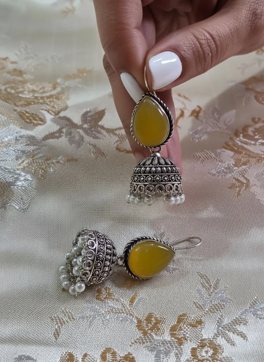 Oxidized Brass Yellow Stone Jhumka Earrings with Pearl Drops | Handmade Traditional Indian Ethnic Earrings for Women | Boho Jewelry Gift - Image 3