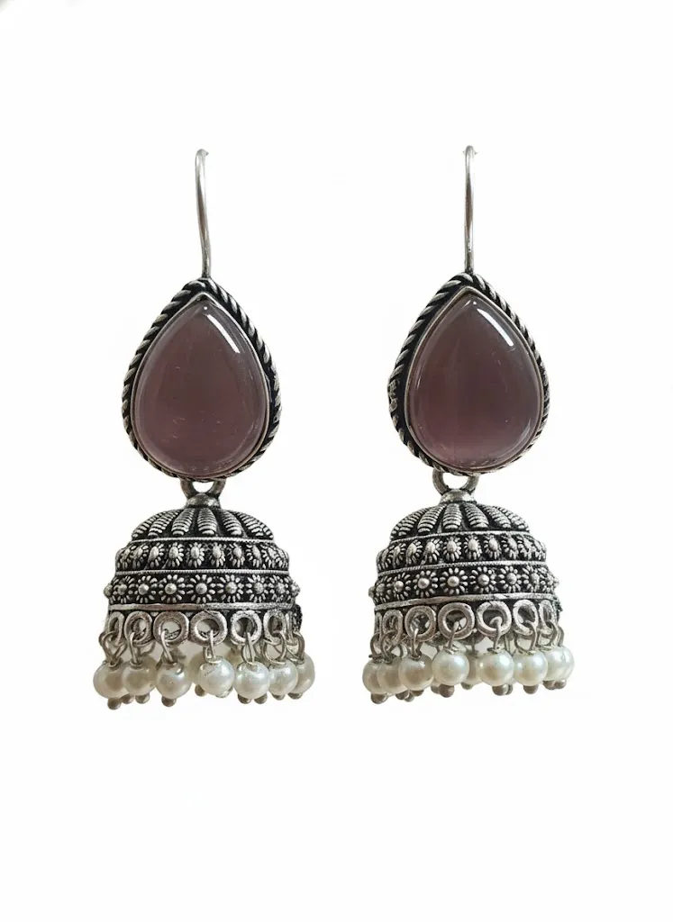 Oxidized Brass Pink Stone Jhumka Earrings with Pearl Drops | Handmade Traditional Ethnic Earrings for Women | Indian Boho Jewelry Gift - Image 5