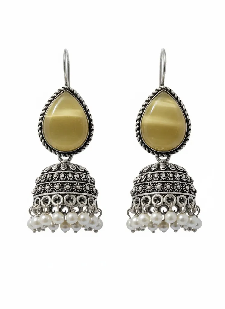 Oxidized Brass Yellow Stone Jhumka Earrings with Pearl Drops | Handmade Traditional Indian Ethnic Earrings for Women | Boho Jewelry Gift - Image 4