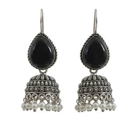 Oxidized Brass Black Stone Jhumka Earrings with Pearl Drops