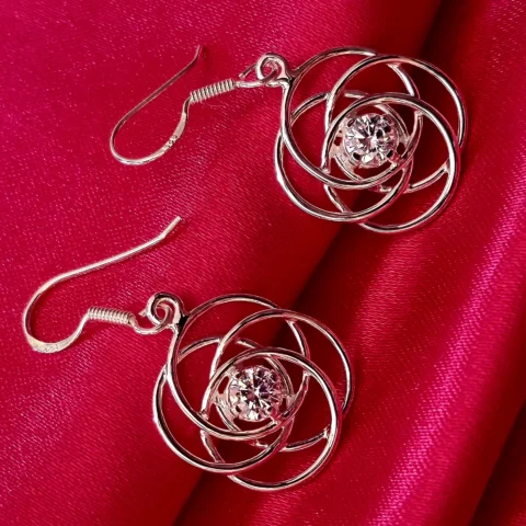 925 Sterling Silver Swirl Flower CZ Drop Earrings