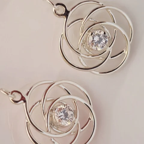 925 Sterling Silver Swirl Flower CZ Drop Earrings