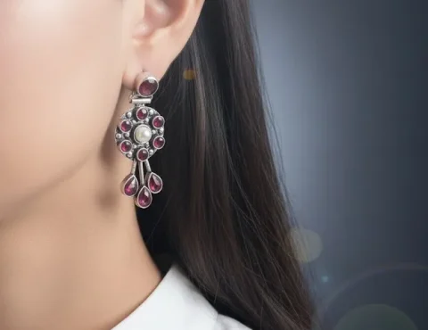 Vintage Silver Look Brass Earrings with Red Stone & Pearl Drop